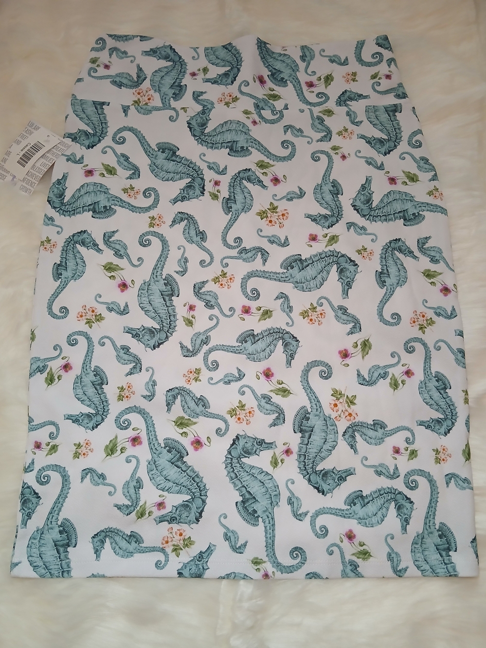 LuLaRoe White Pencil Skirt with Teal Seahorse Print